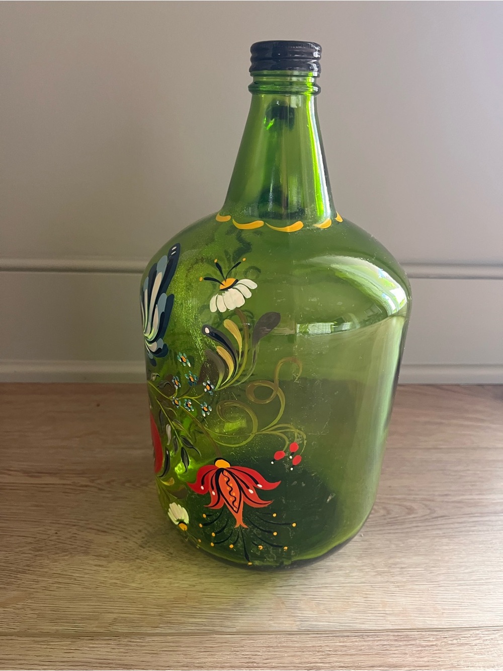 Hand-Painted Green Glass Jug with Folk Art Rooster and Heart - Picture 3 of 5